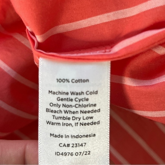 Talbots 100% cotton, coral & white pinstriped button-down ruffle trim shirt Sz L - Picture 11 of 15